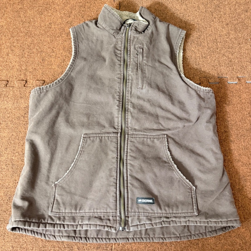 Berne Womens Brown Canvas Sherpa Lined Full Zip Utility Workwear Vest Large B+